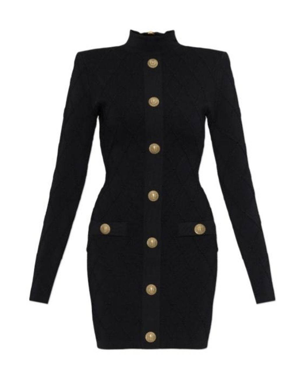 Balmain Black Button-Embellished Diamond-Knit Mini Dress