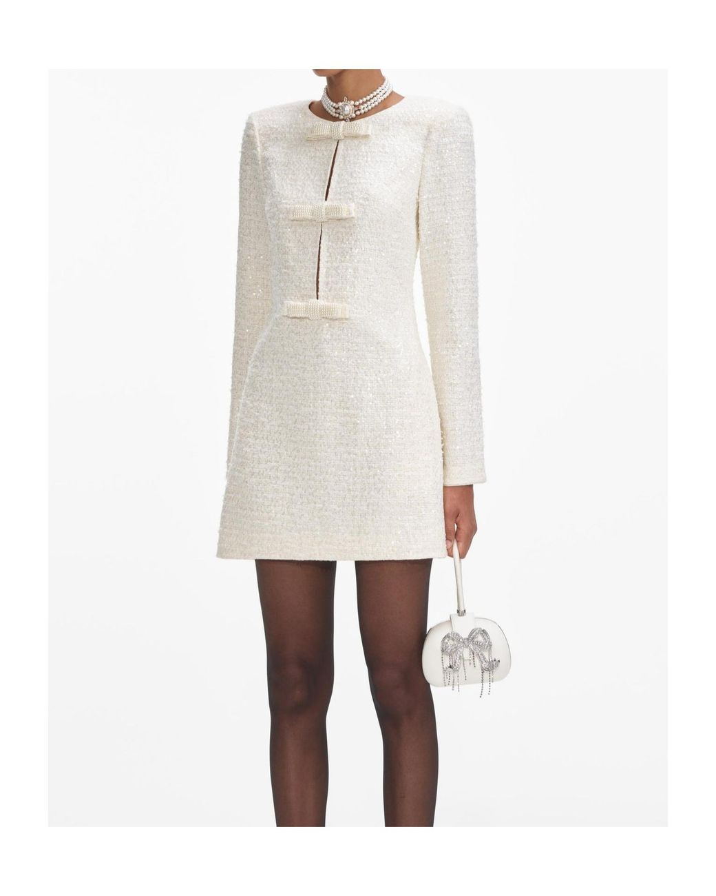 Self-Portrait White Boucle Diamante Bow Mini Dress
