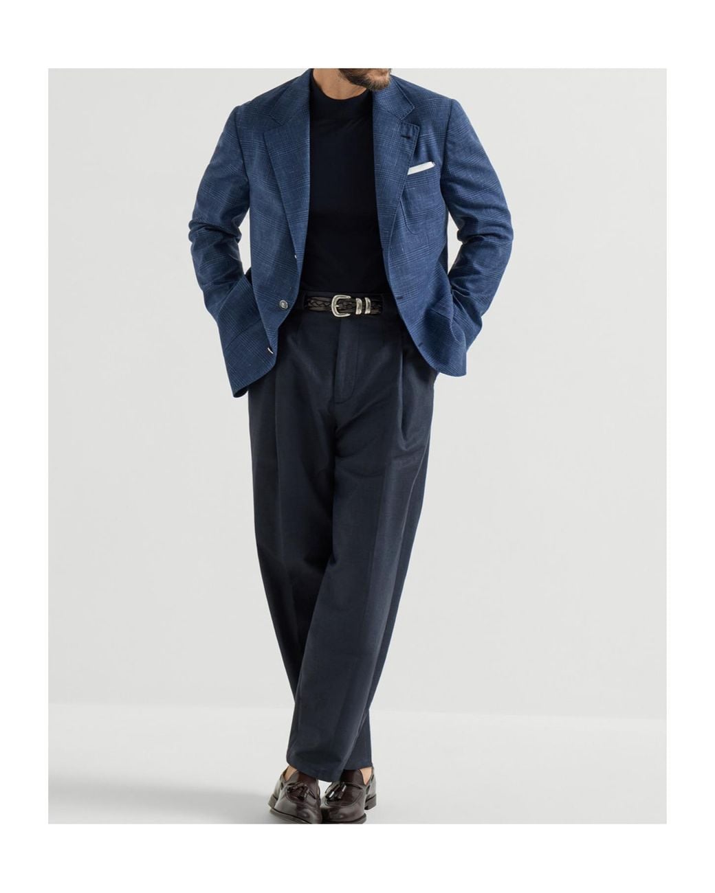 Brunello Cucinelli Blue Wool, Silk And Linen Prince Of Wales Deconstructed Blazer With Patch Pockets And Metal Buttons for men
