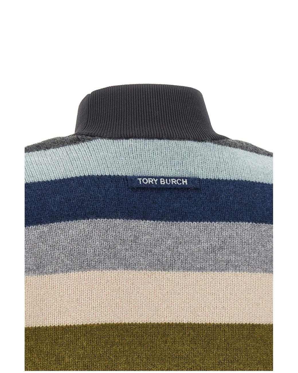 Tory Burch Blue Turtleneck Striped Knit Jumper