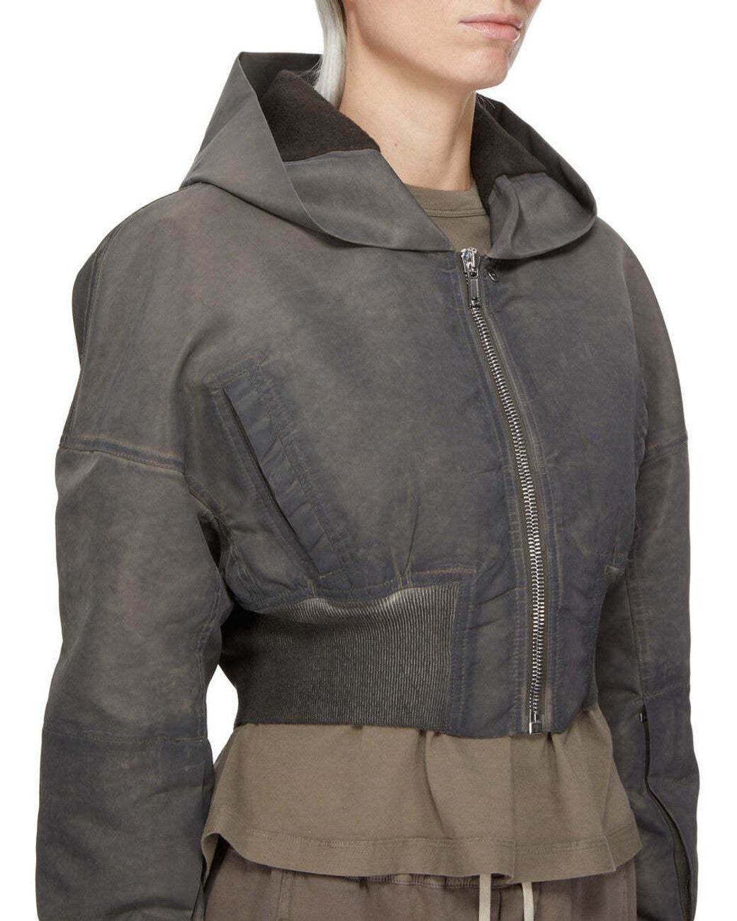 Rick Owens Gray Zip-Up Cropped Hoodie