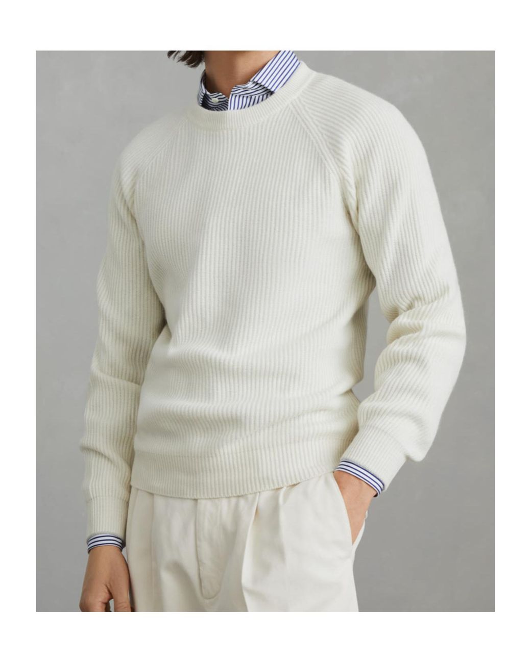 Brunello Cucinelli White Crewneck Ribbed-Knit Jumper for men