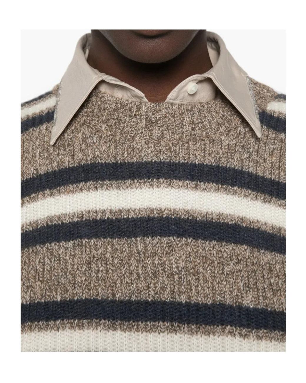 Brunello Cucinelli Gray Striped Crew-Neck Sweater