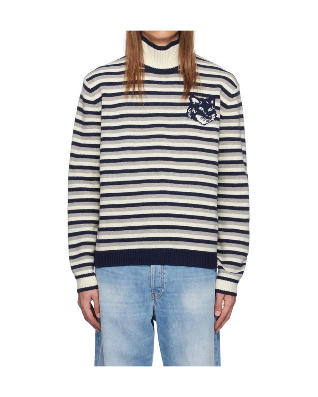 Maison Kitsuné Blue Fox Head Intarsia Striped Jumper for men
