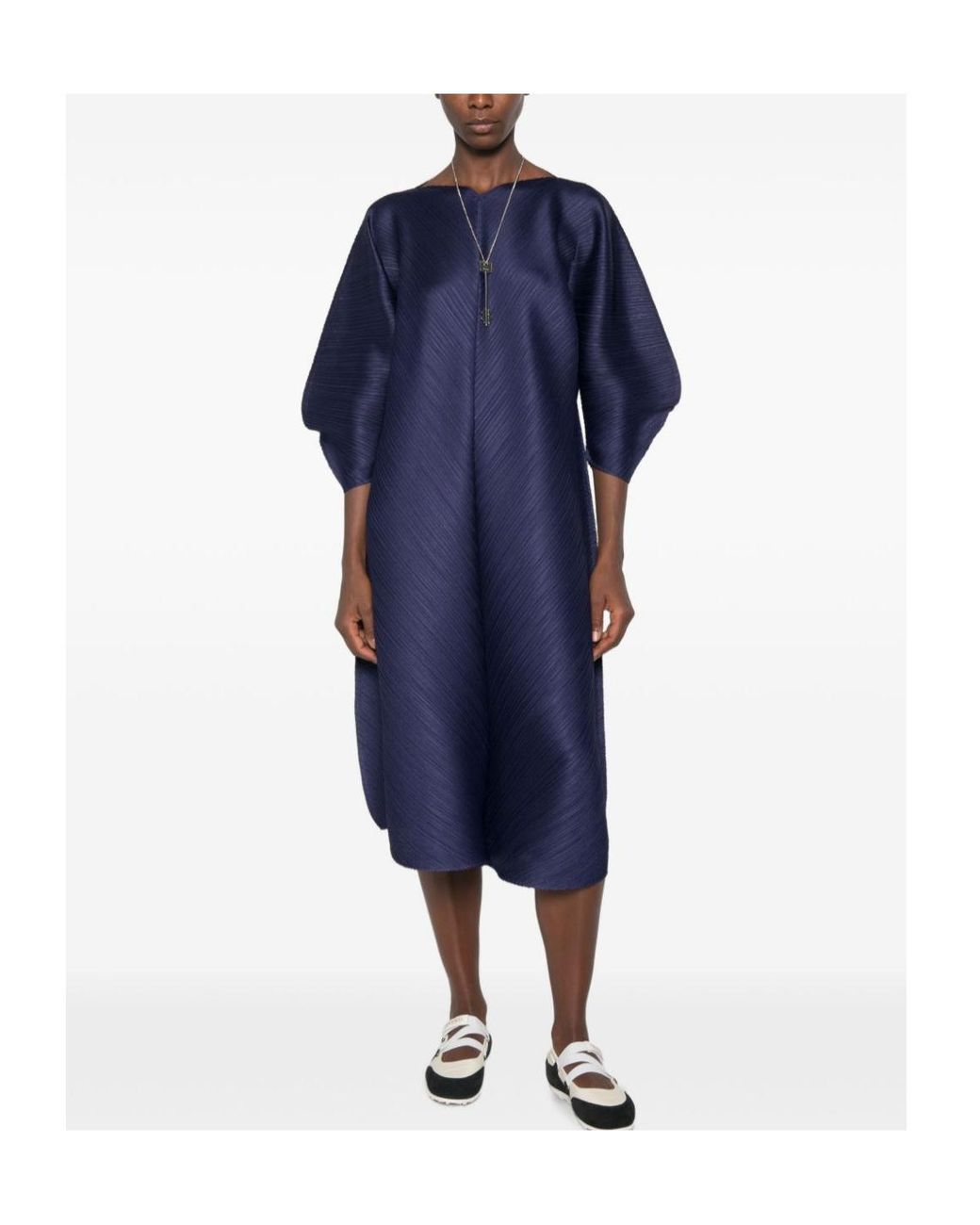 Pleats Please Issey Miyake Blue V-Neck Pleated Midi Dress