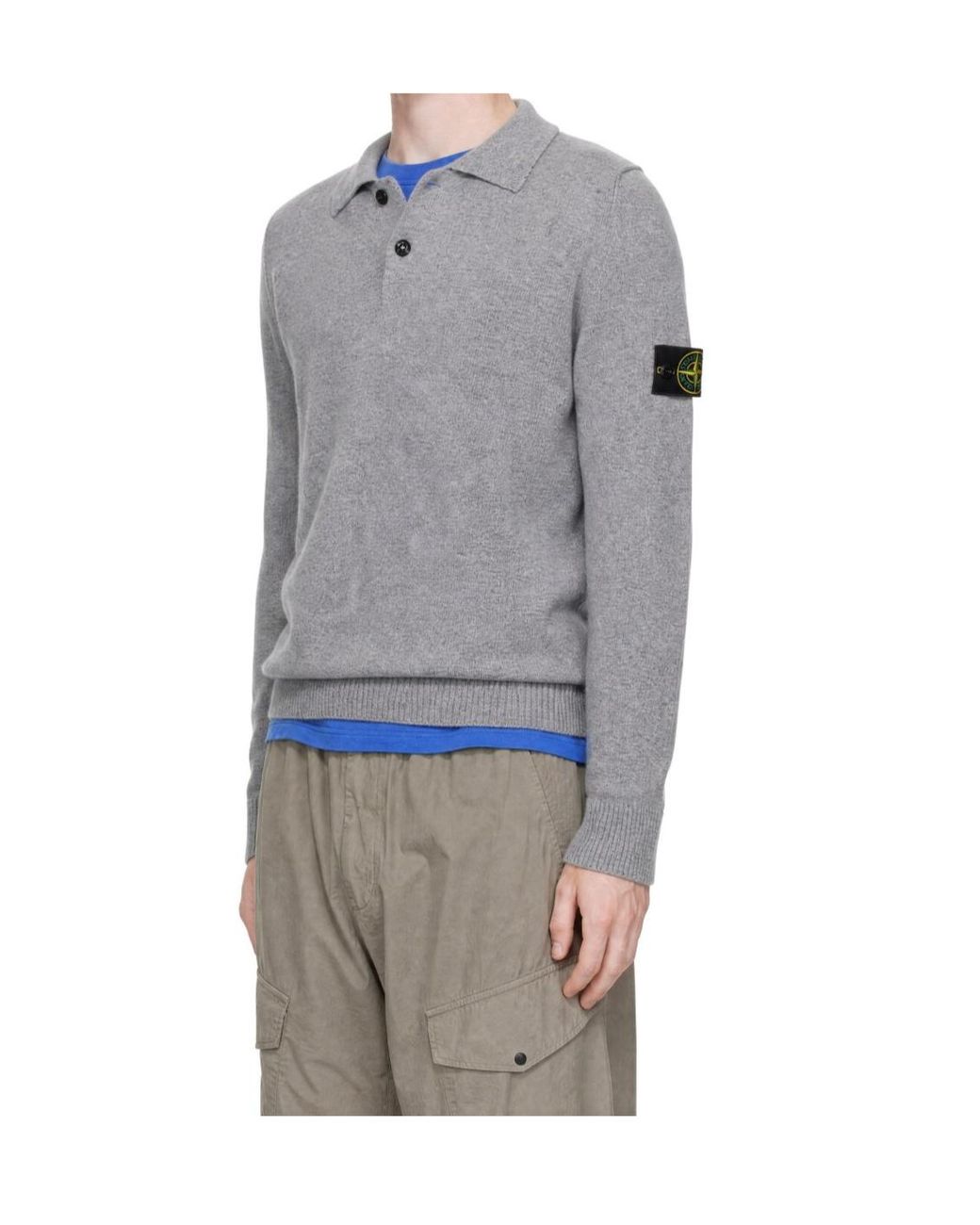 Stone Island Gray Logo Patch Knitted Polo Shirt for men