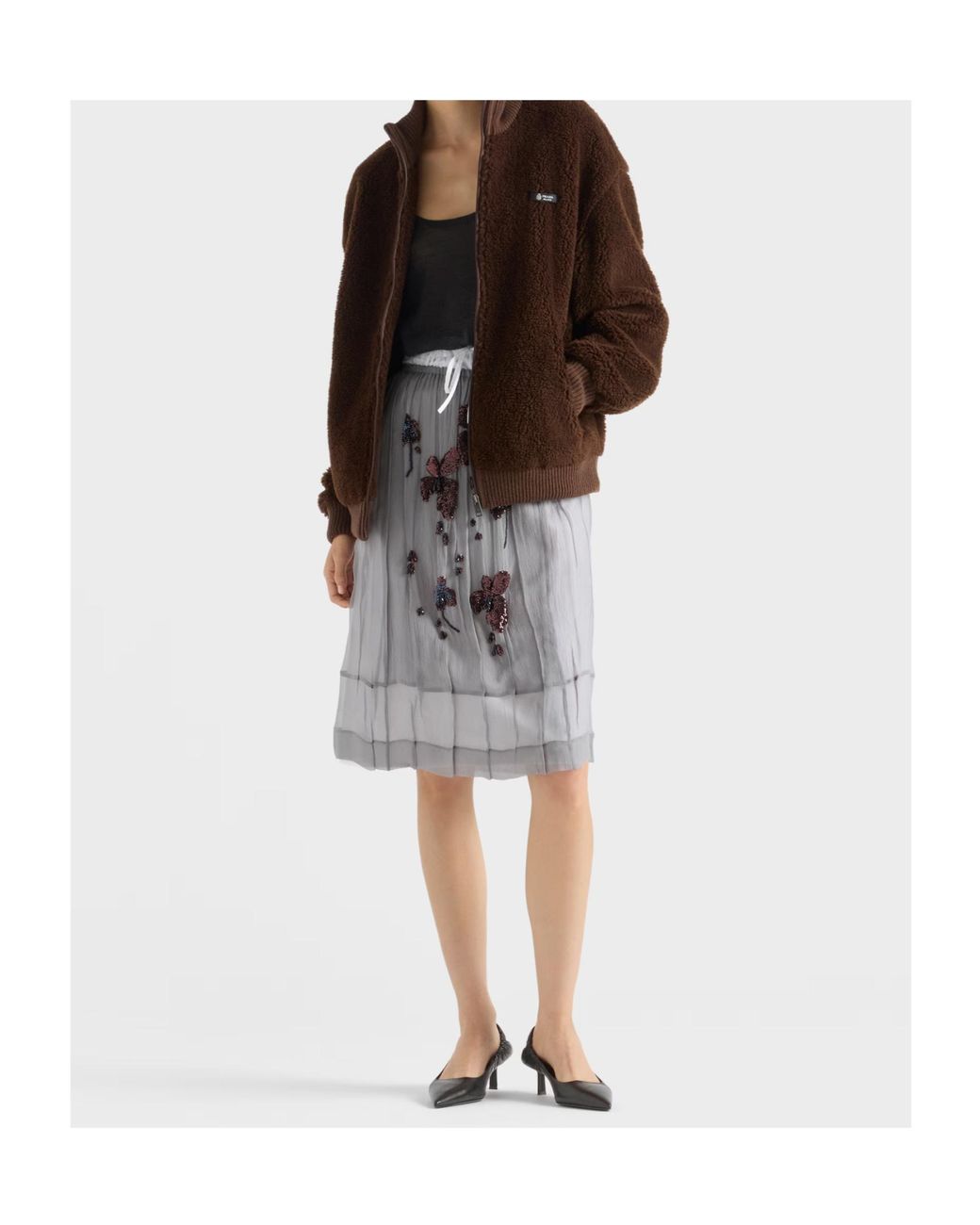 Prada Gray Embroidered Chiffon Midi Skirt