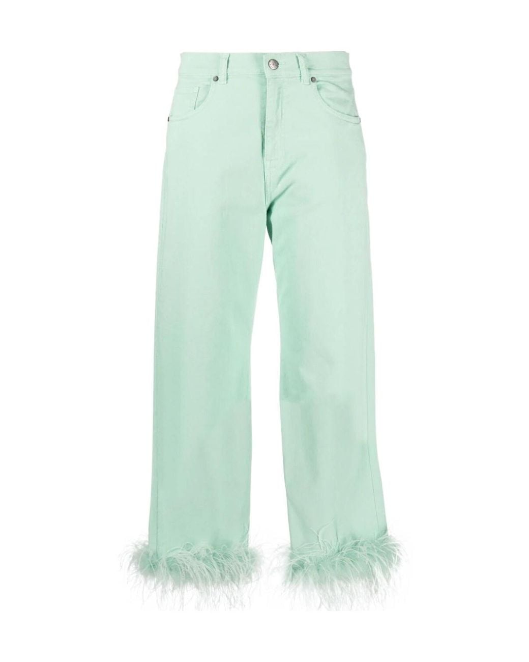 P.A.R.O.S.H. Green Feather-Trim Stretch-Cotton Jeans