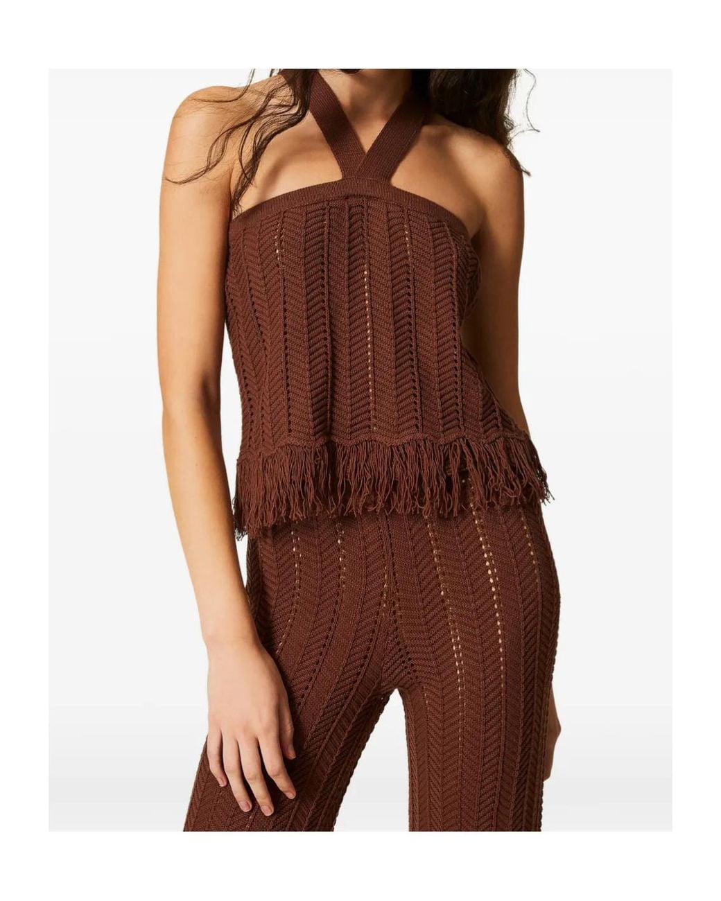 Twinset Brown Fringed Knitted Top