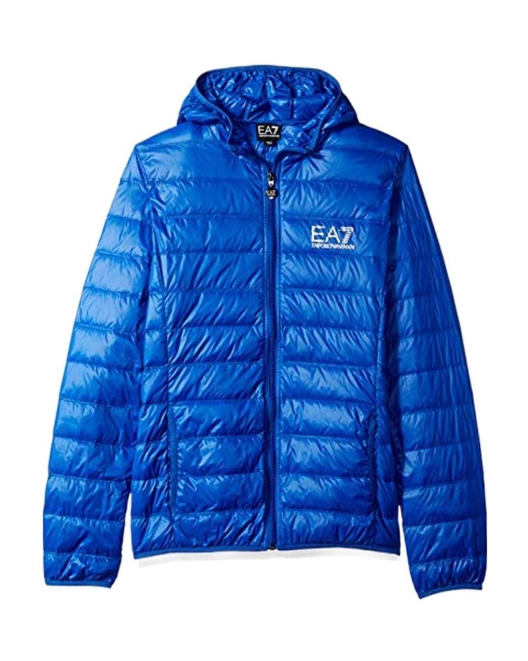 EA7 Blue Zip-Up Hooded Short Down Jacket for men