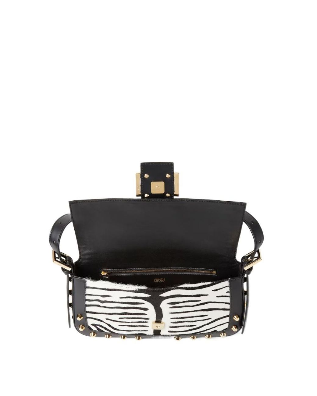 Fendi White Baguette 26424 Tiger-Stripe Print Pony-Effect Leather Bag With Studs