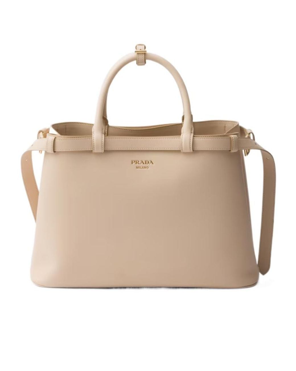Prada Natural Buckle Medium Leather Handbag With Double Belt