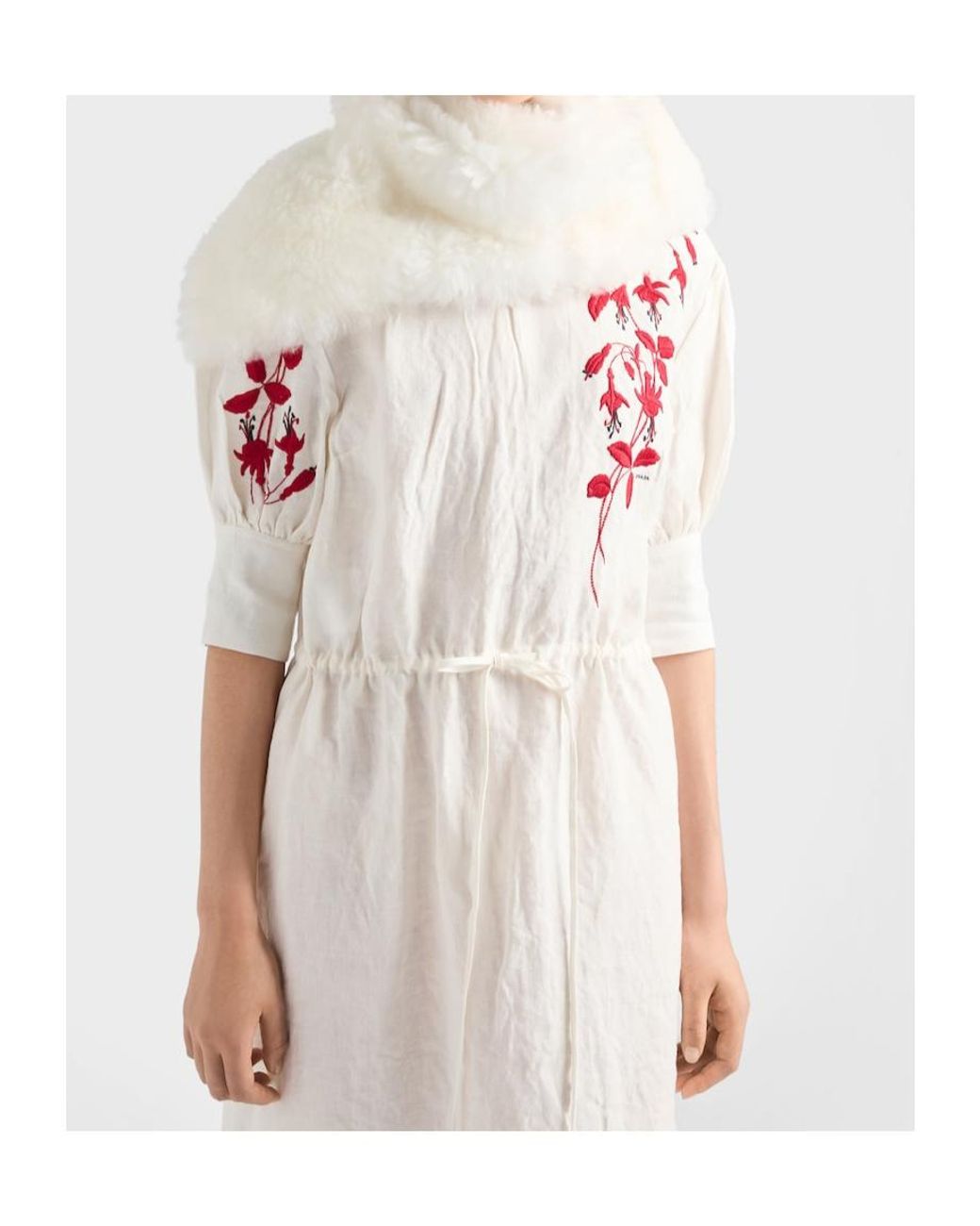 Prada White Embroidered Slubbed Fabric Dress