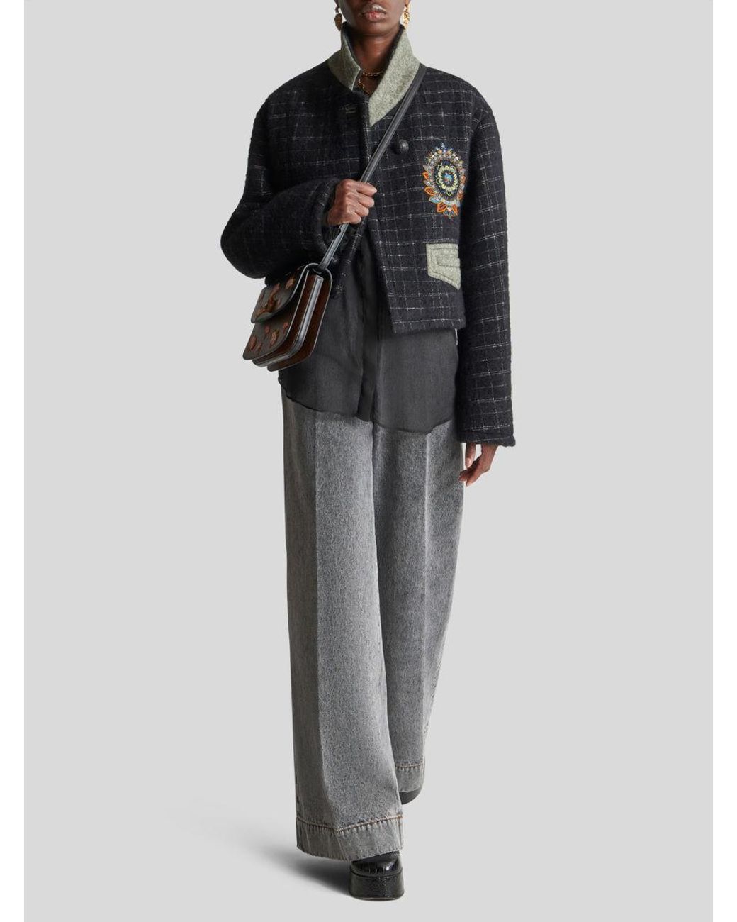 Etro Black Floral Embroidered Checked Coat