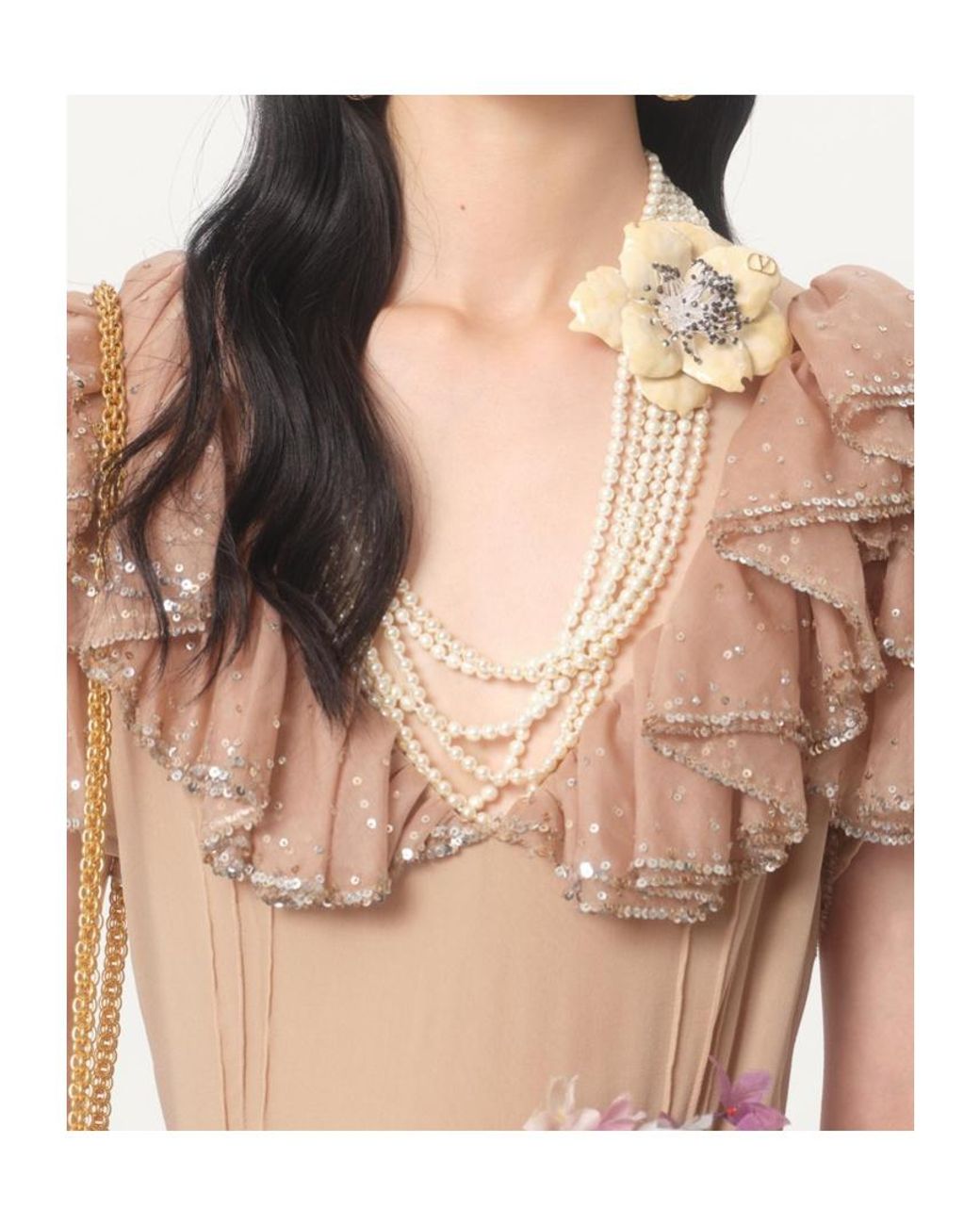 Valentino Natural Floral Embellished Ruffled V-Neck Dress