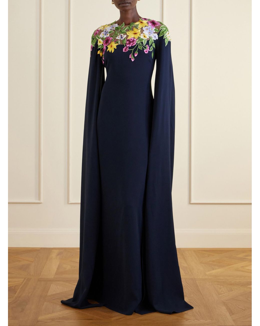 Oscar de la Renta Blue Cape-Effect Floral-Embroidered Silk-Blend Georgette Gown