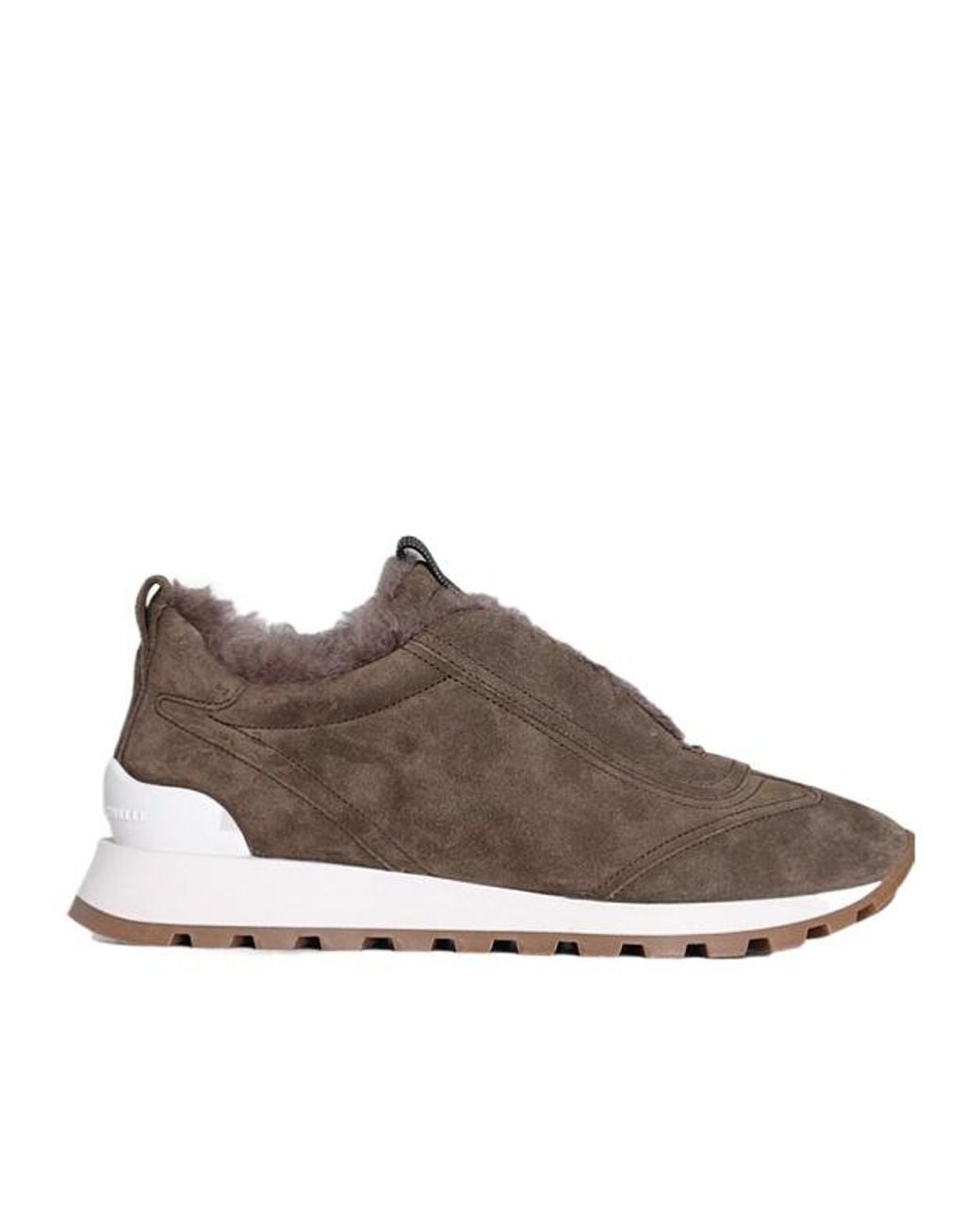 Brunello Cucinelli Brown Suede Runners With Shearling Lining And Precious Detail