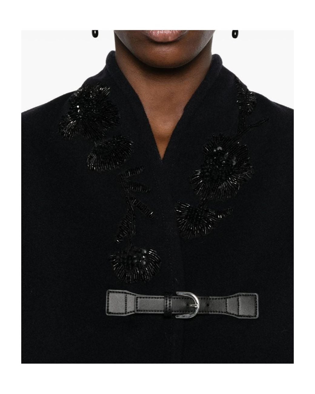 Forte_forte Black Embroidered Buckle-Fastening Coat