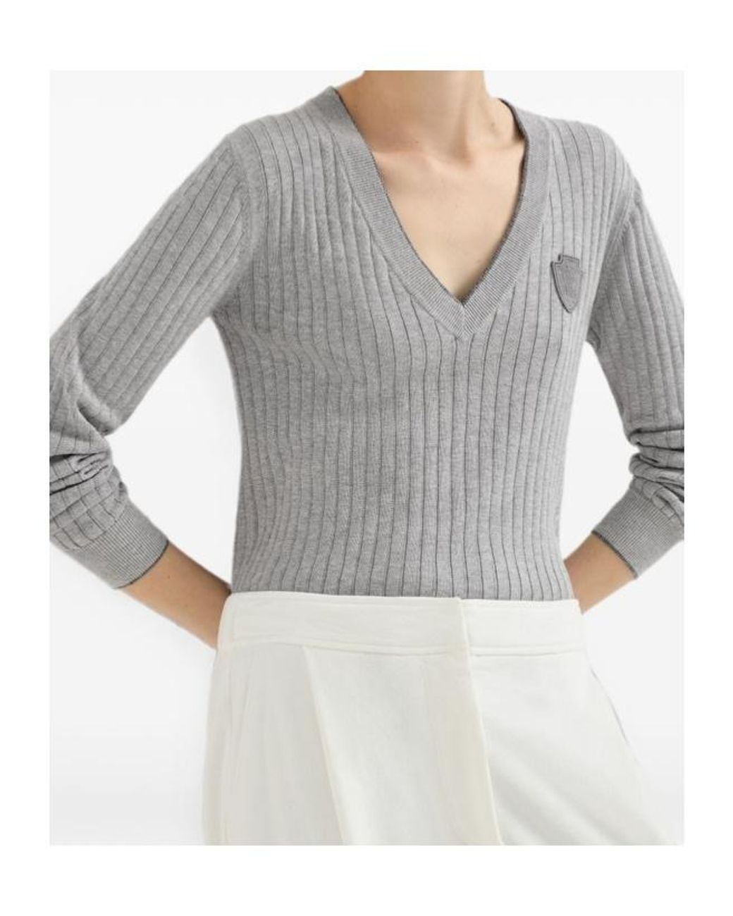Brunello Cucinelli Gray Cotton Ribbed V-Neck Sweater