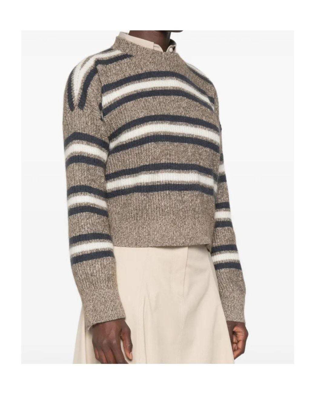 Brunello Cucinelli Gray Striped Crew-Neck Sweater