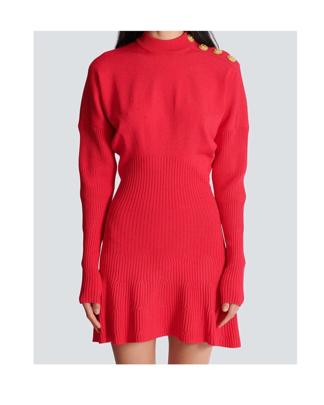 Balmain Red Turtleneck Long-Sleeve Knit Dress