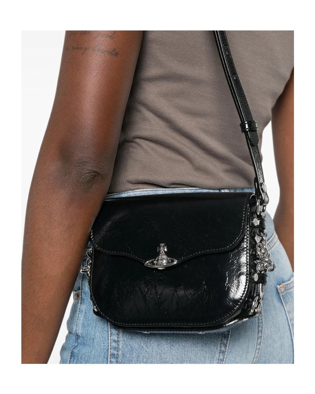 Vivienne Westwood White Orb-Plaque Crinkled-Finish Shoulder Bag
