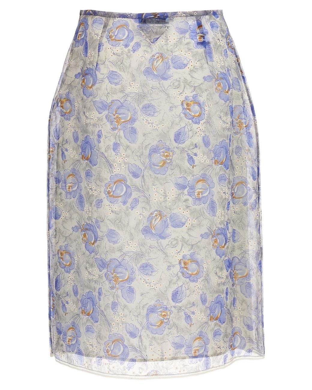 Prada Blue Nylonette Floral Print Midi Skirt