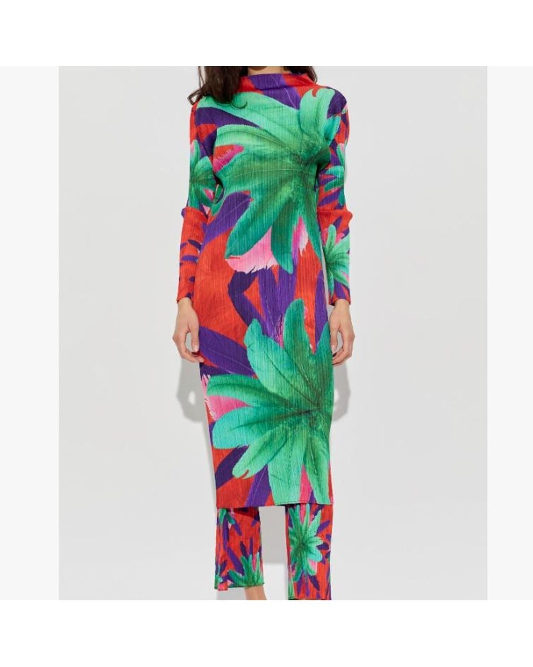 Pleats Please Issey Miyake Green Carnival Floral-Print Pleated Midi Dress