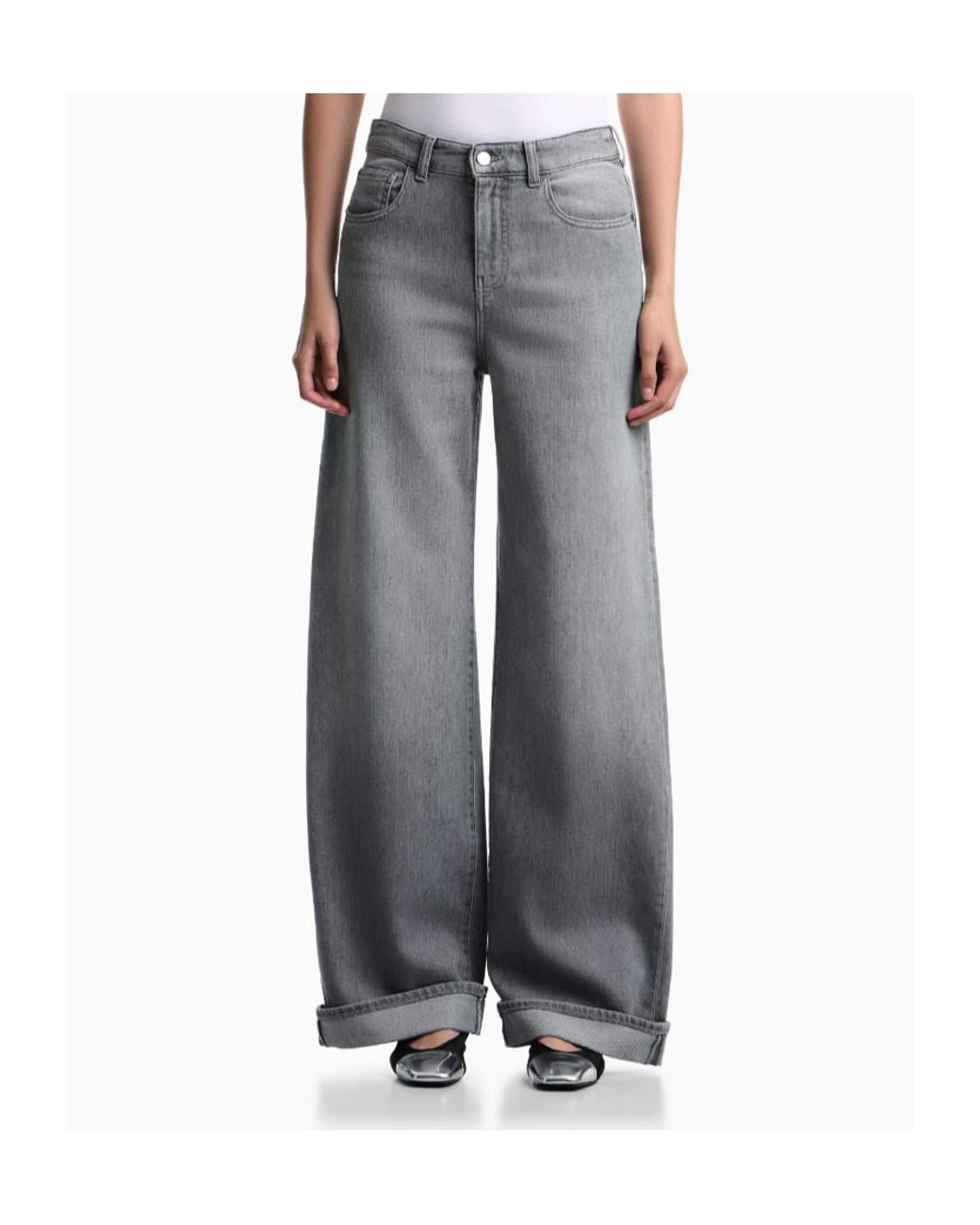Emporio Armani Gray Logo-Plaque Turn-Up Jeans
