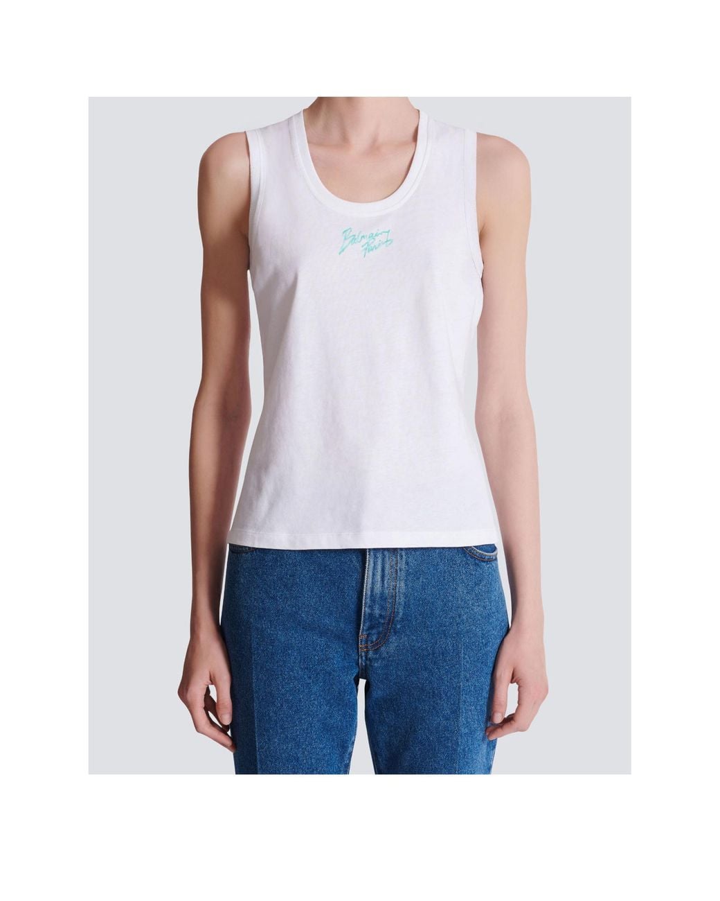 Balmain White Brushed Logo Printed Relaxed Tank Top