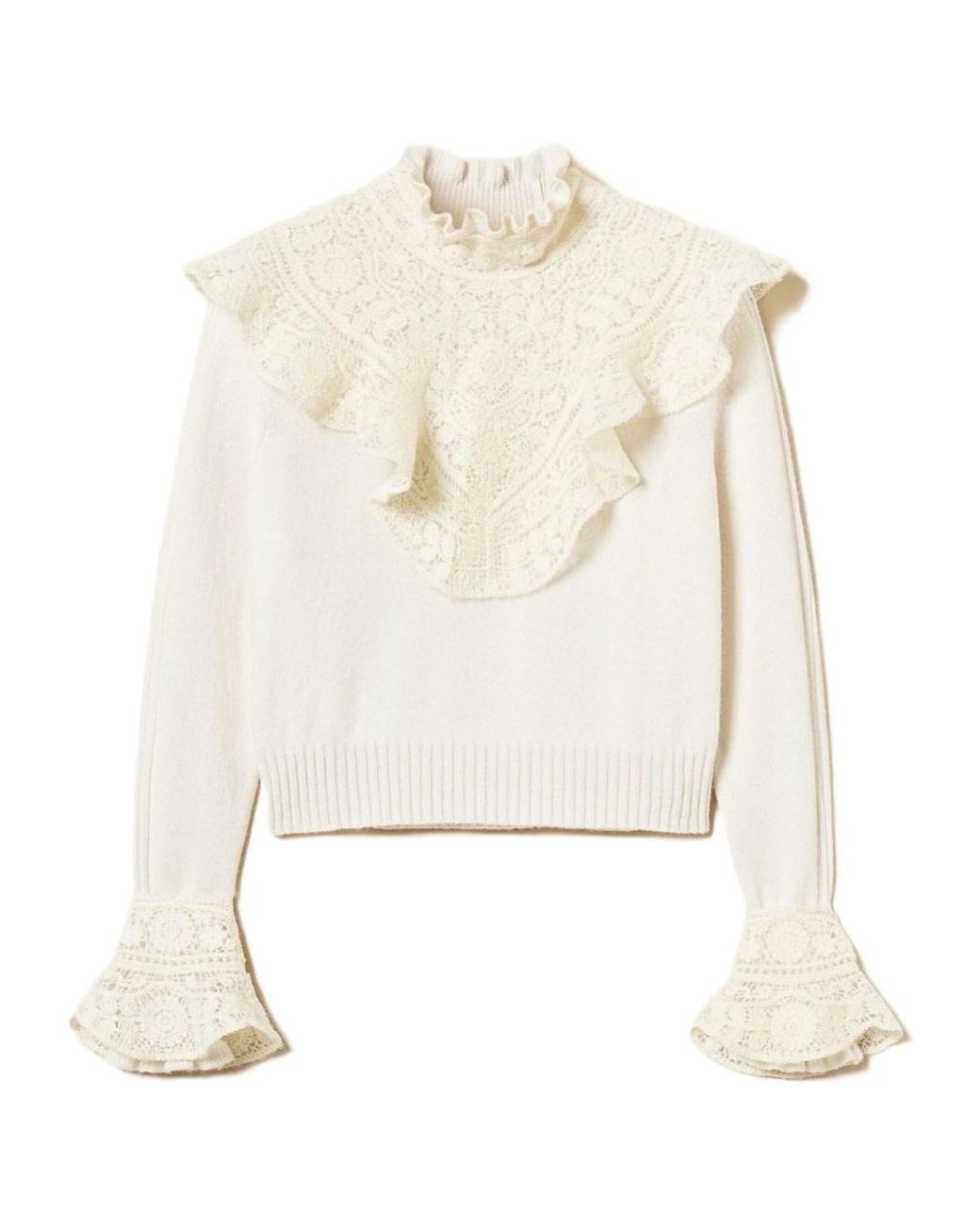 Twinset White Lace-Trimmed Ruffled Jumper