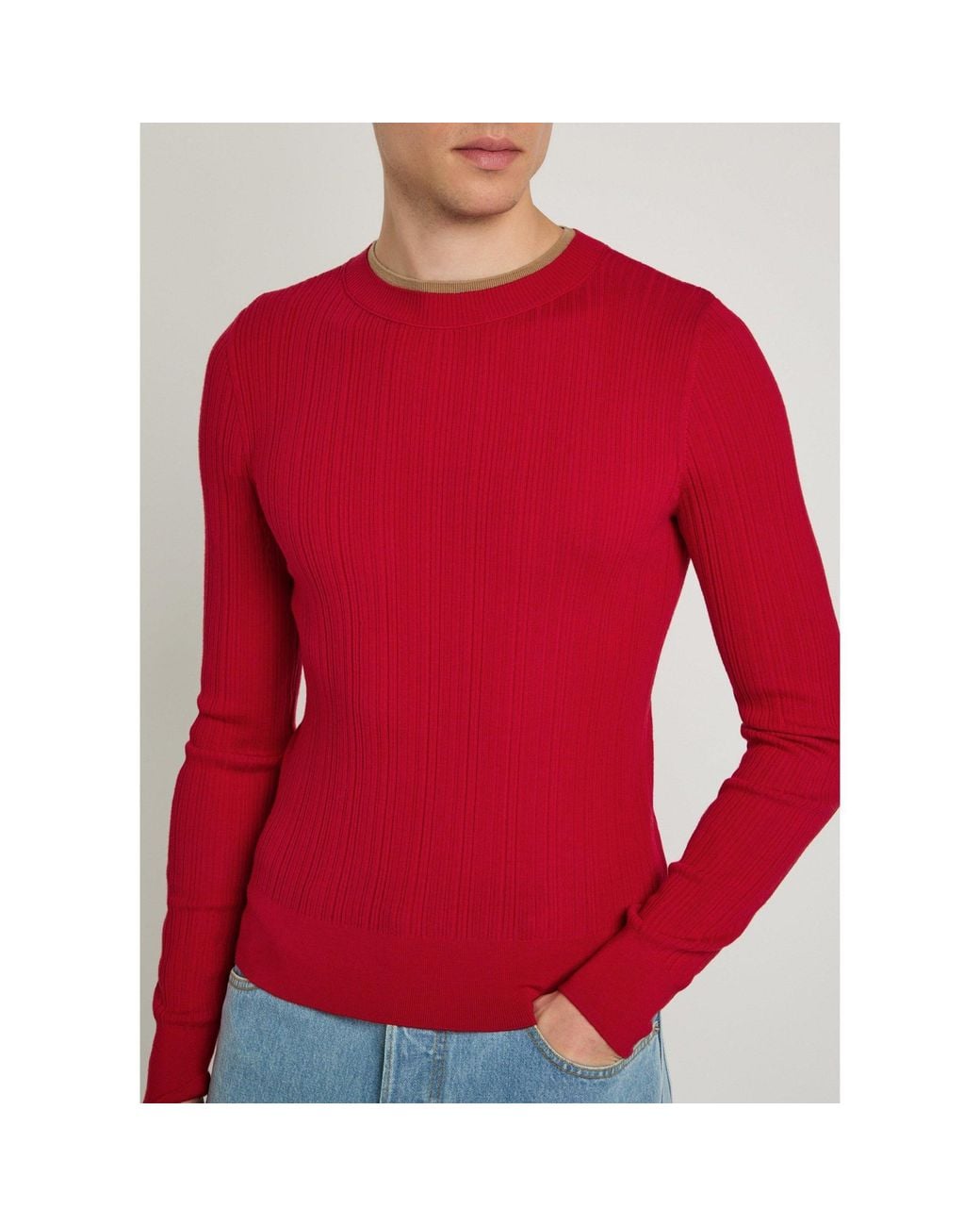 Dries Van Noten Red Round-Neck Vertical Ribbed Knit Top for men