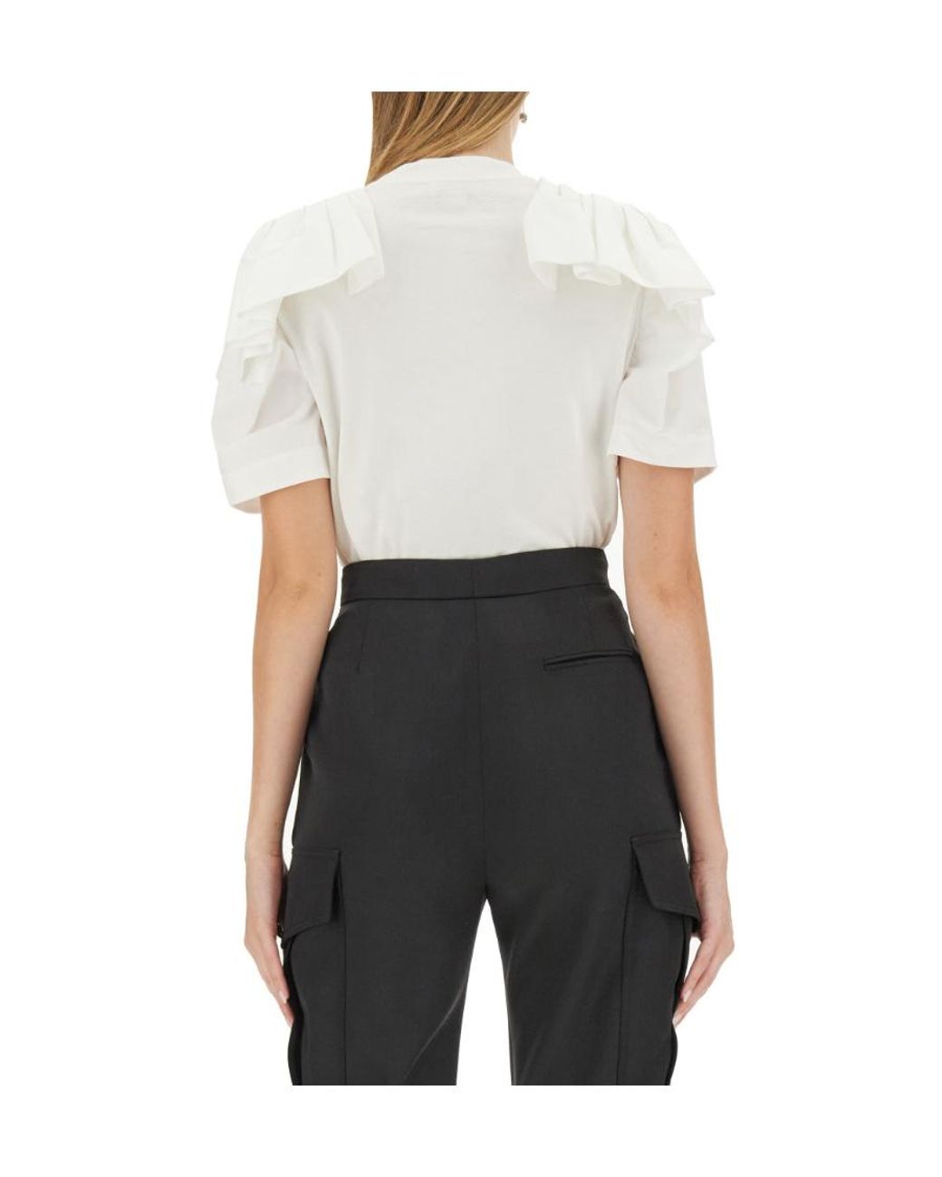 McQueen White Short Sleeved Ruffled-Detail T-Shirt