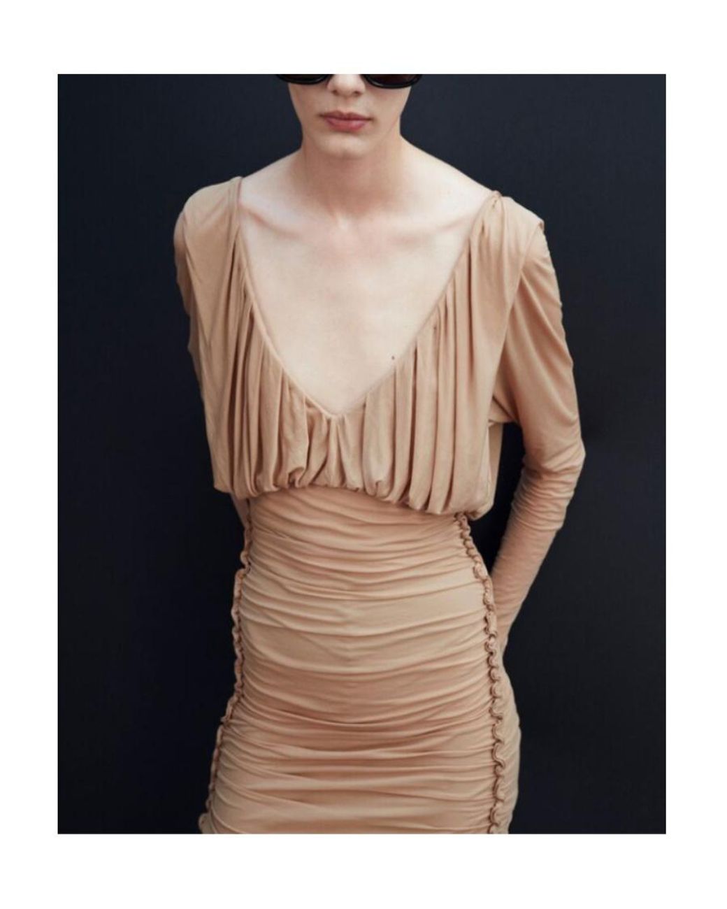 Saint Laurent Natural V-Neck Draped Long-Sleeved Dress