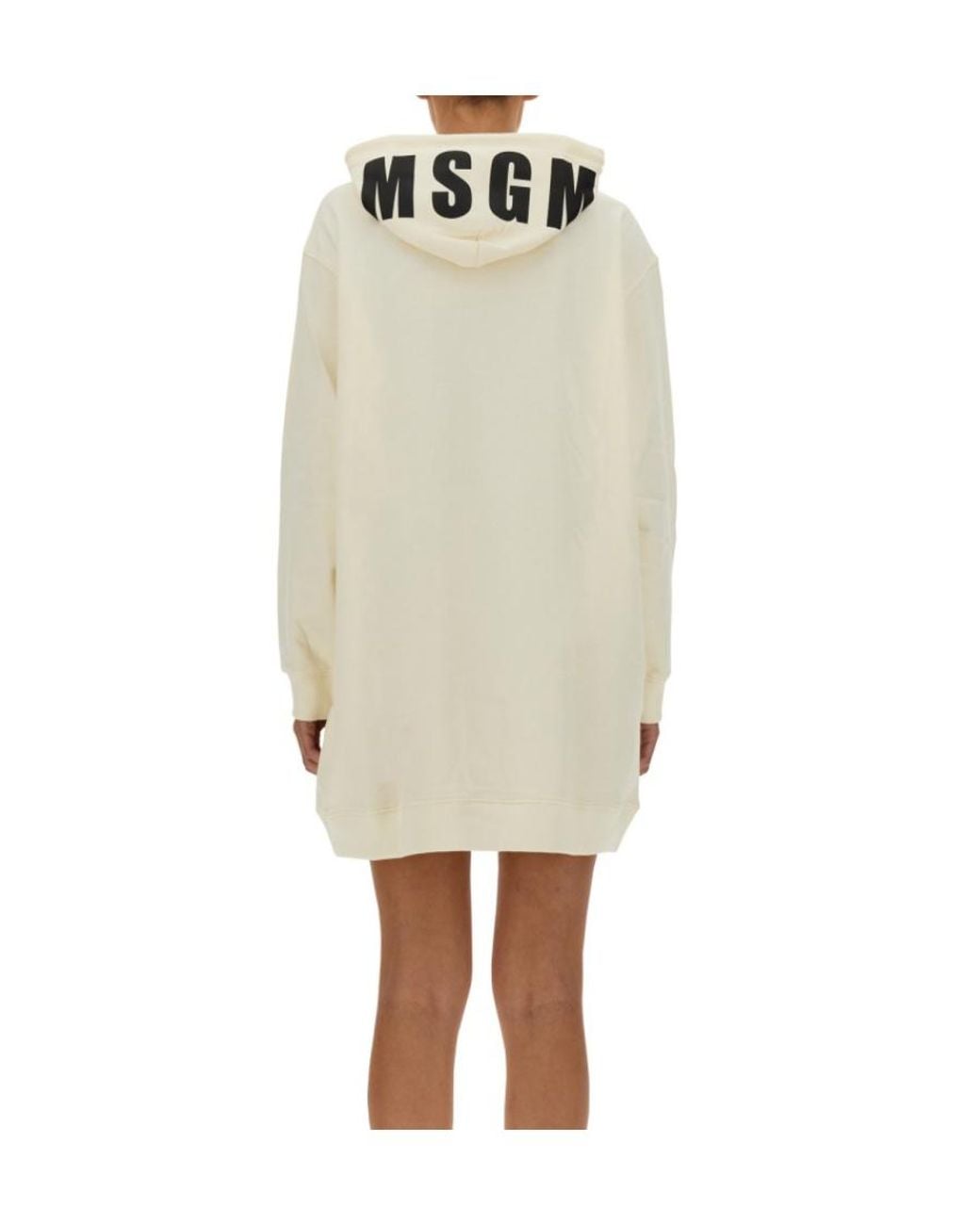 MSGM White Logo Printed Drawstring Hooded Dress