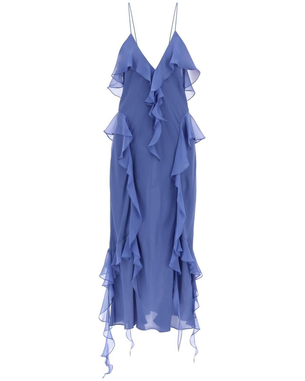 Khaite Blue Ruffle-Trim Plunging V-Neck Maxi Dress