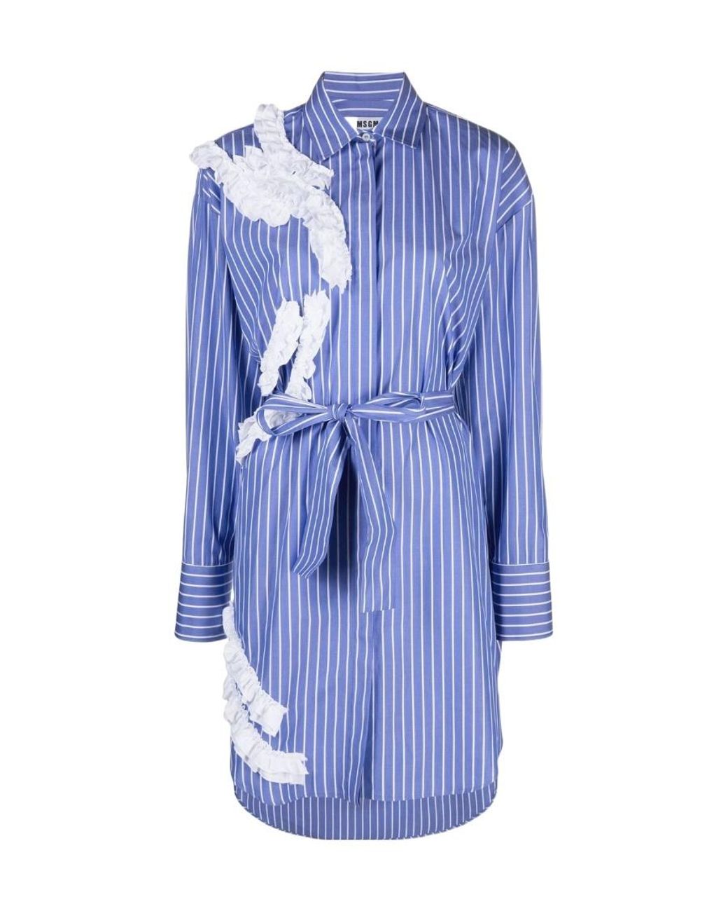 MSGM Blue Ruffle-Detail Striped Shirtdress