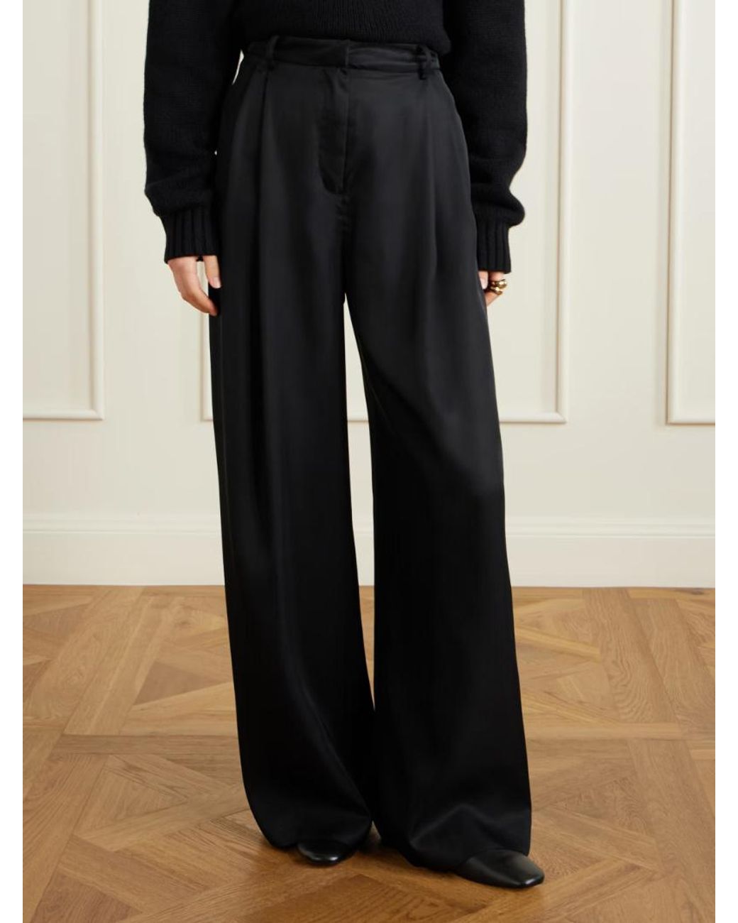Frankie Shop Black Marfa Pleated Twill Wide-Leg Pants