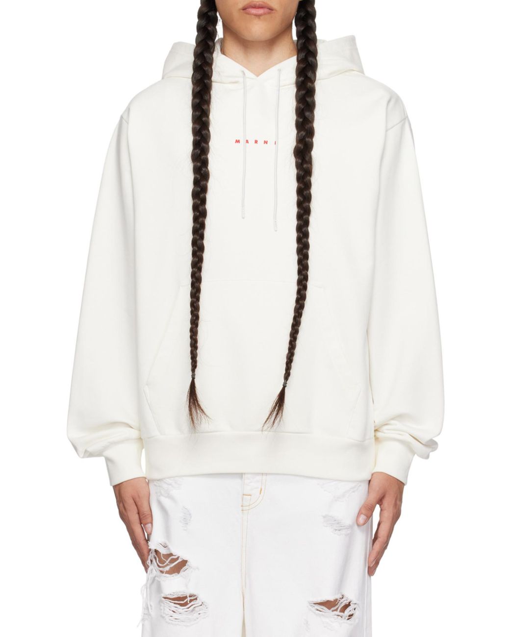 Marni White Logo Printed Drawstring Hoodie for men