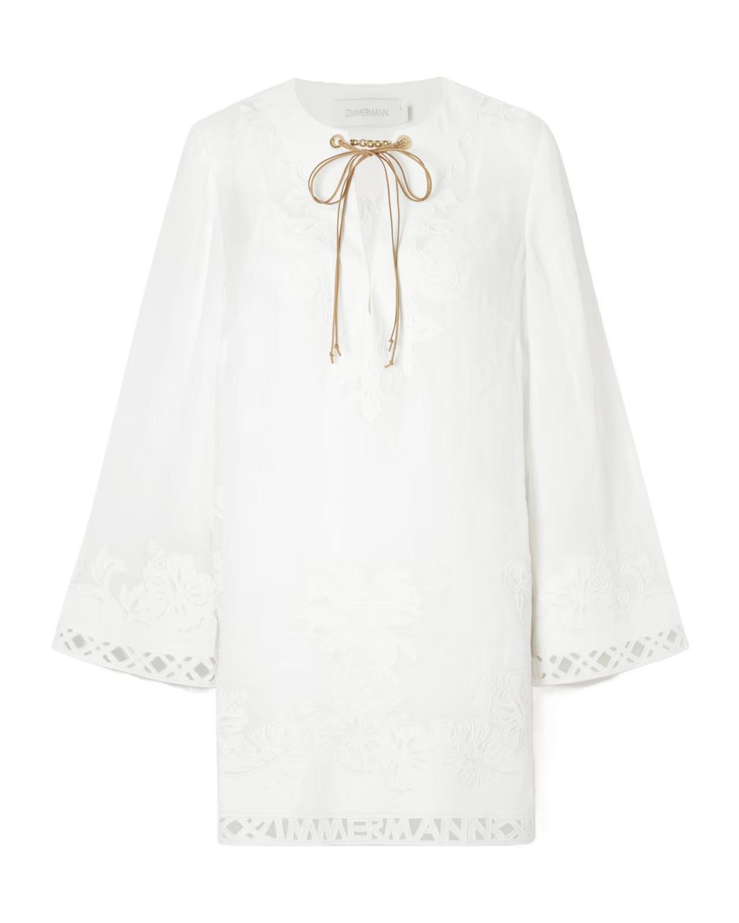 Zimmermann White Indra Belted Embroidered Ramie Mini Dress
