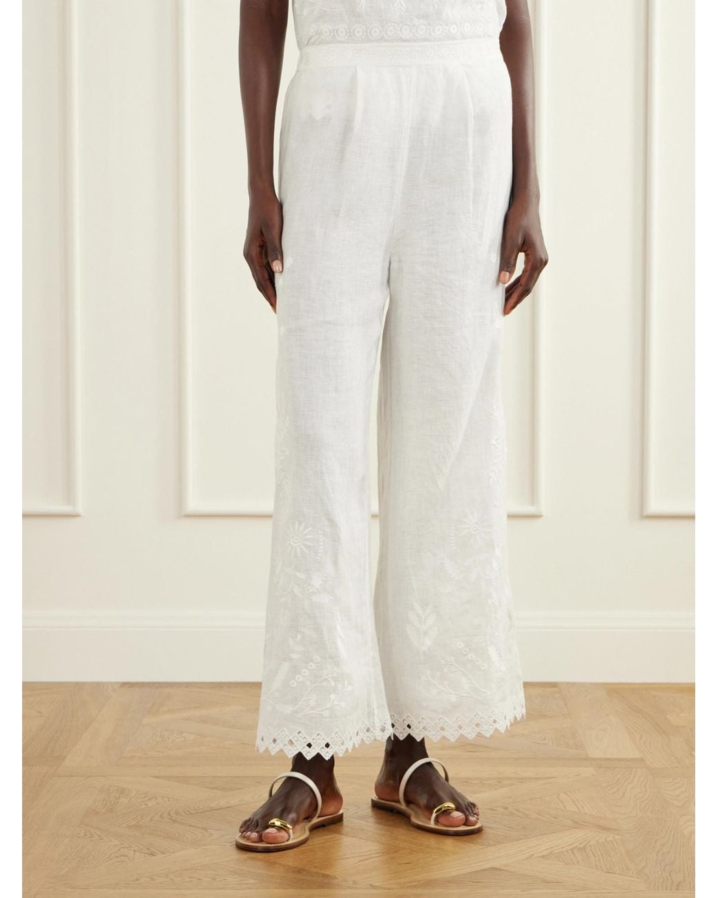 Eres White Embroidered Linen Straight-Leg Pants