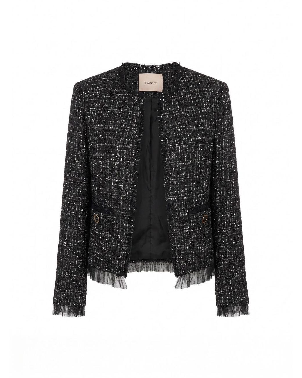 Twinset Black Fringe Detailed Tweed Jacket