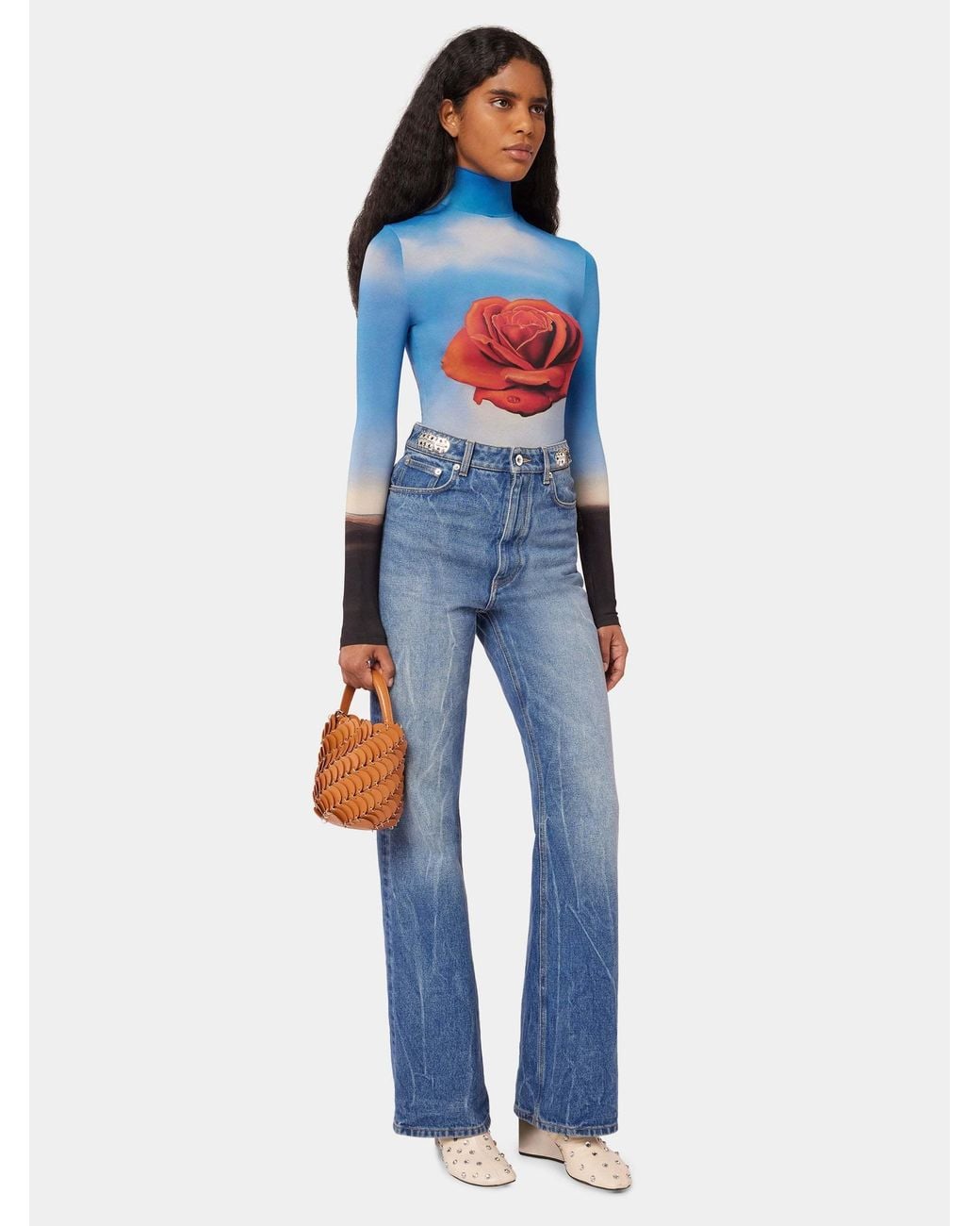 Rabanne Blue Rose Print Long-Sleeve Top