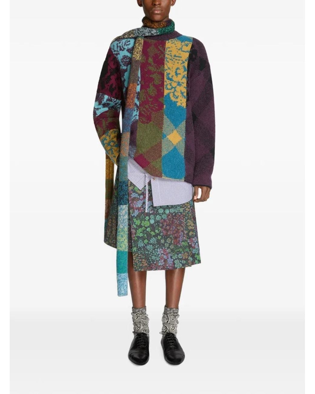 Dries Van Noten Blue Wool Alpaca Oversized Patchwork Floral Striped Jumper for men