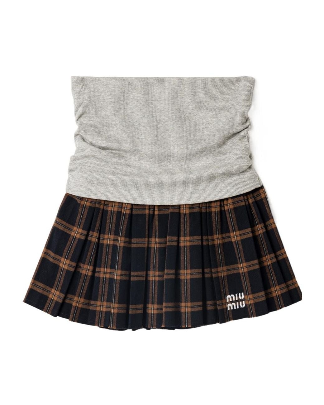 Miu Miu Gray Ribbed Knit And Checked Flannel Skirt
