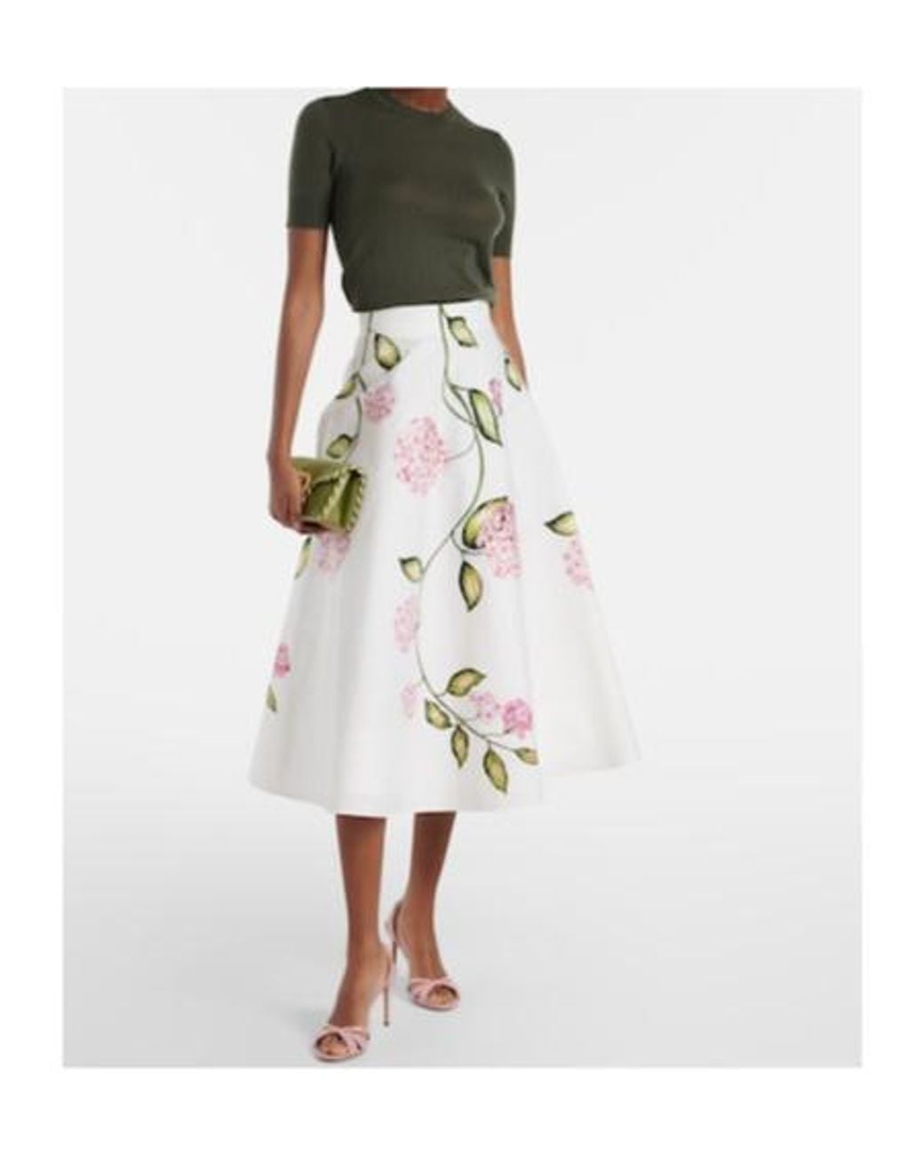 Oscar de la Renta White Floral Cotton-Blend Poplin Midi Skirt