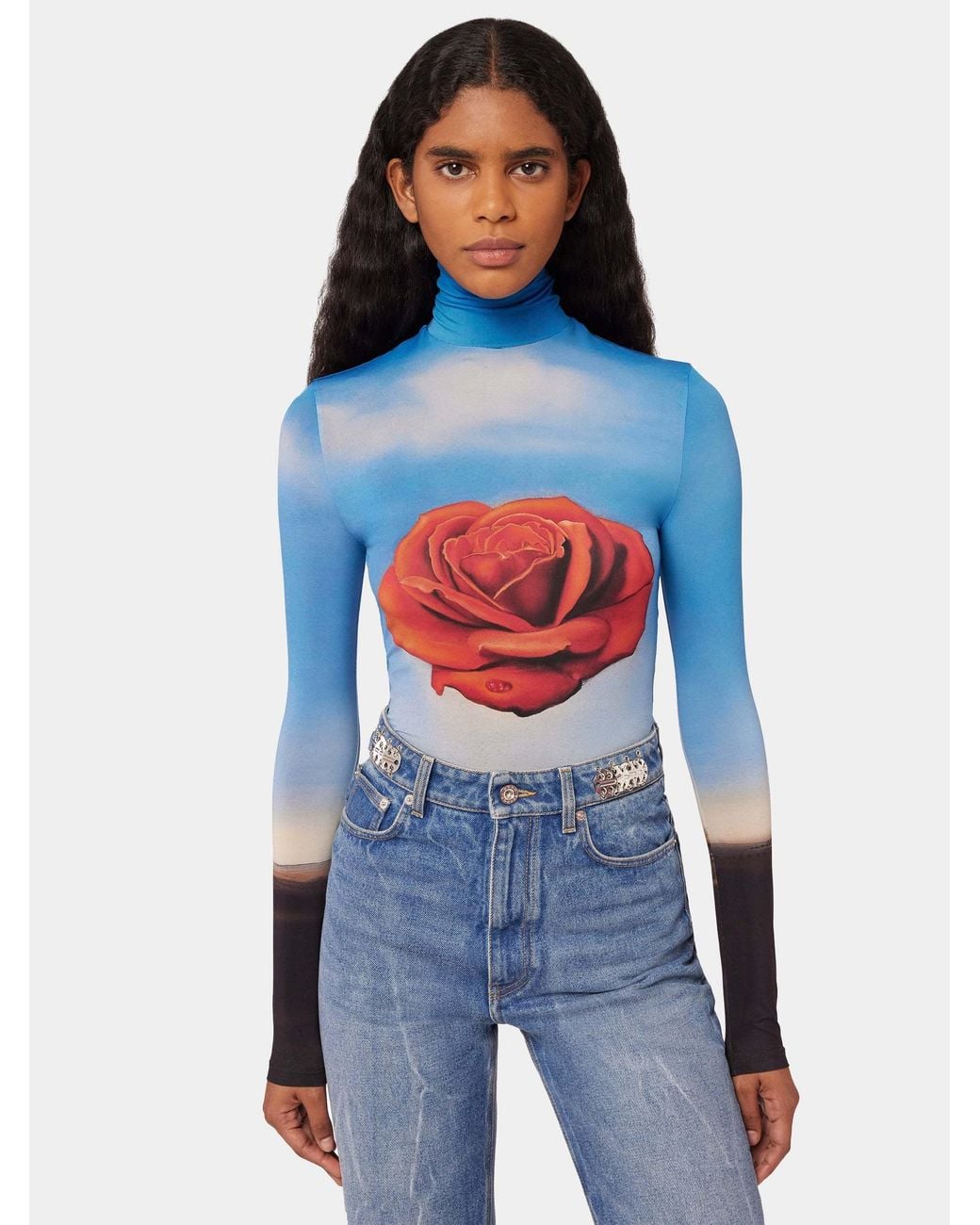 Rabanne Blue Rose Print Long-Sleeve Top