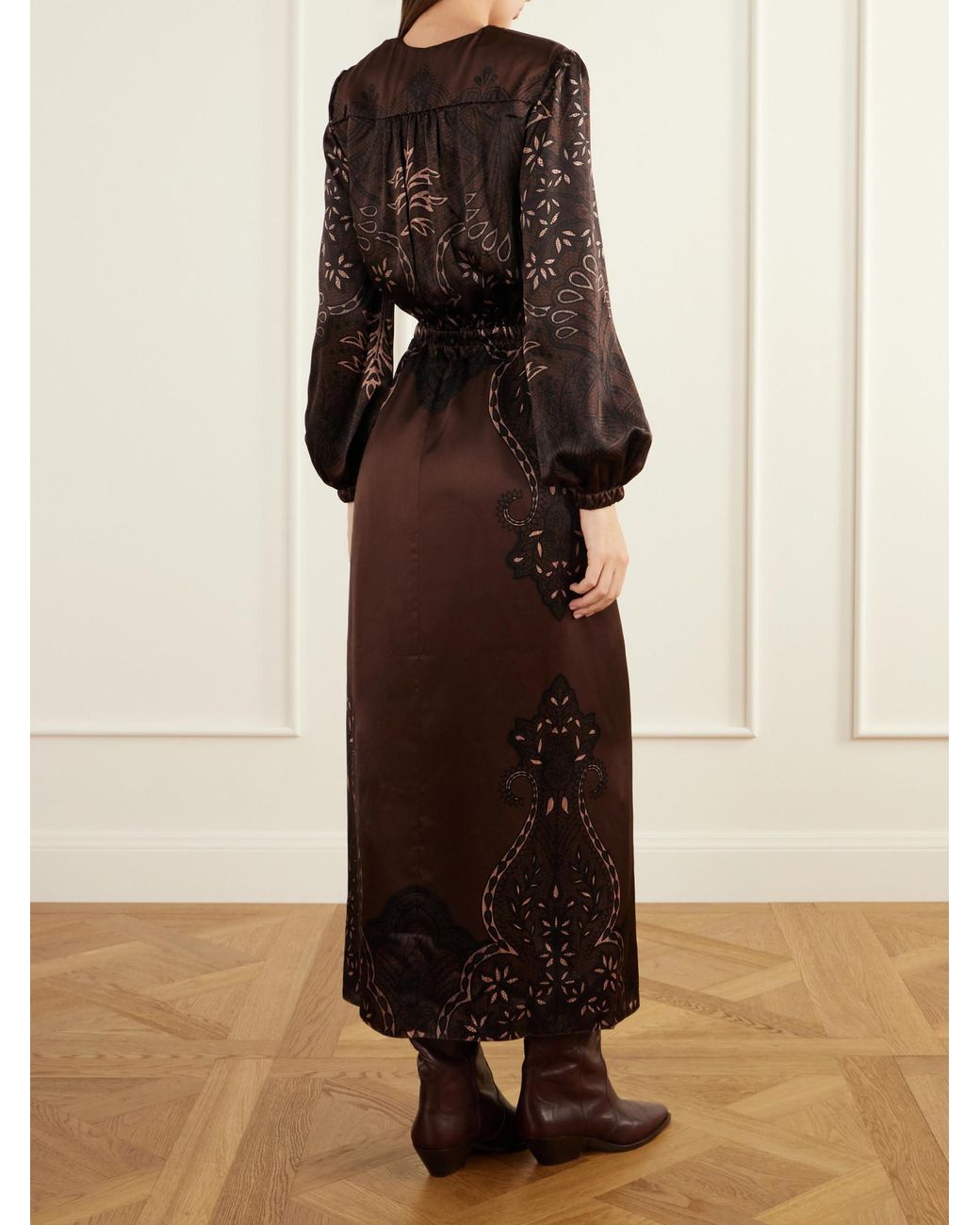 Johanna Ortiz Brown Scarf-Detailed Printed Silk-Satin Maxi Dress