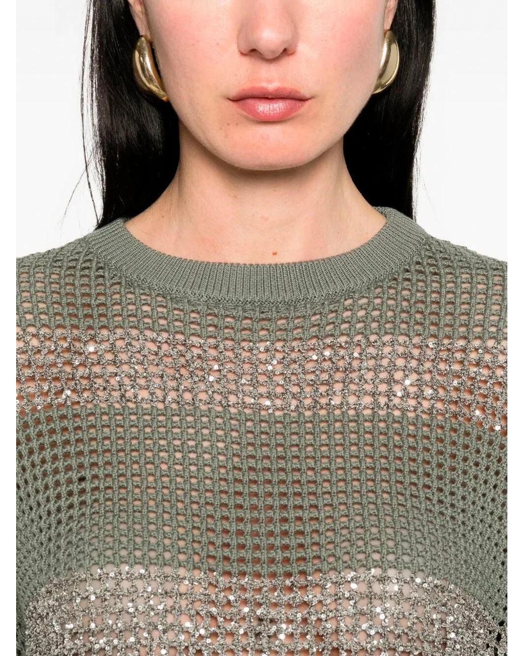 Brunello Cucinelli Gray Khaki Cotton Net Knit Sweater With Dazzling Stripes
