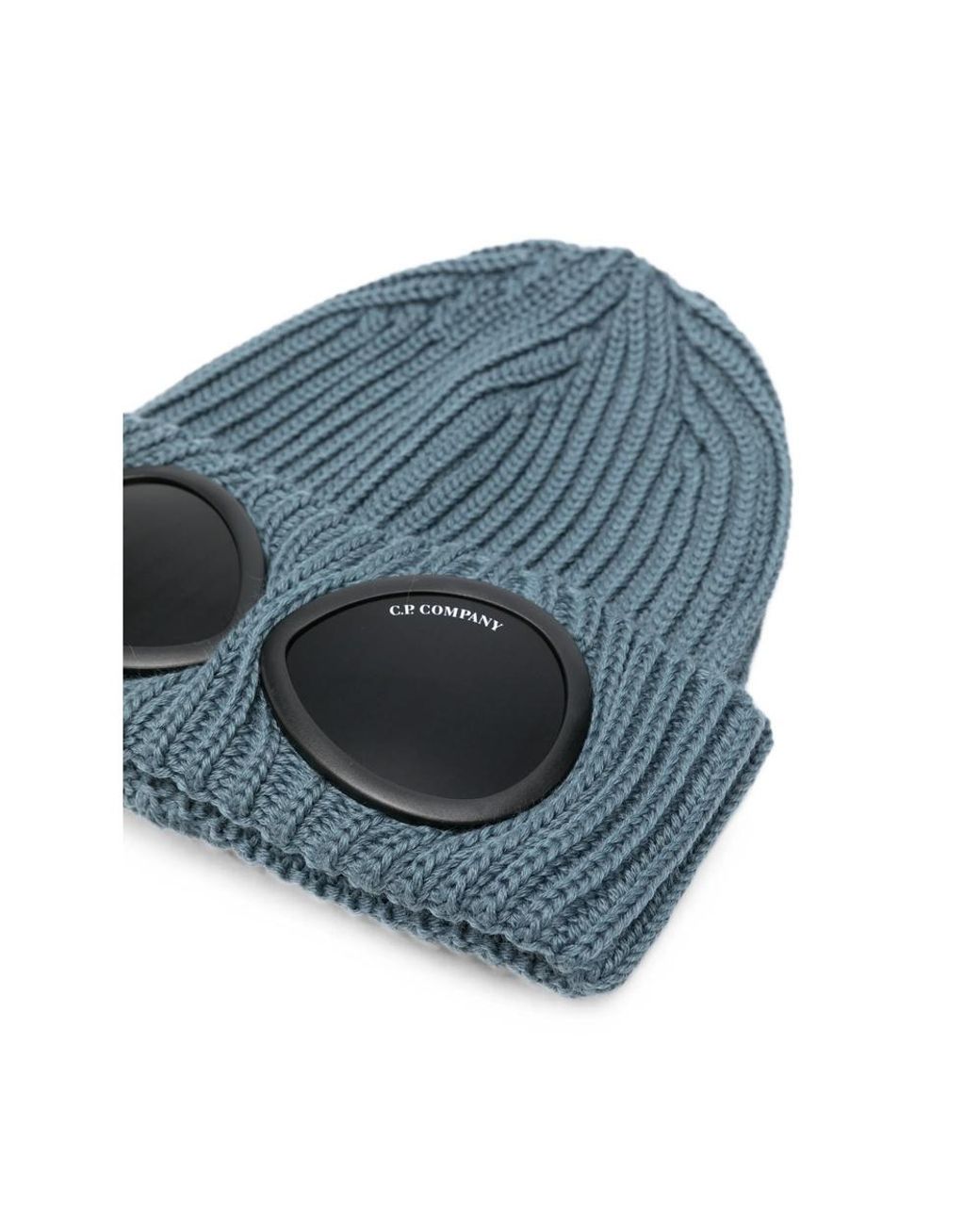 C P Company Blue Ribbed Knit Goggles Hat for men